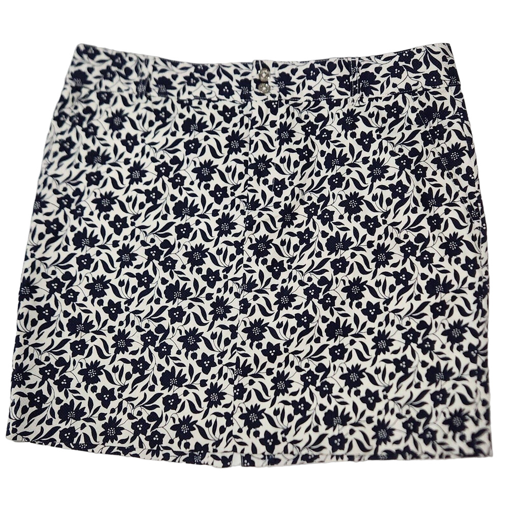 Chaps Short Skirt 12 Cotton Button Zip Pocket White‎ Blue Flowers Casual